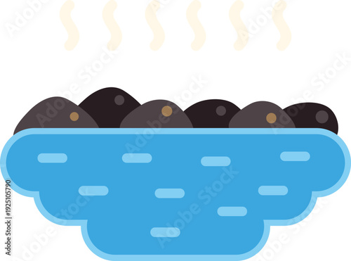 Hot stones warming in blue water with steam rising, symbolizing wellness and relaxation