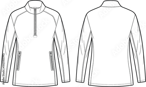 Mens Quarter Zip Pullover Jacket Technical Flat Sketch with Front and Back Views Vector Apparel Template