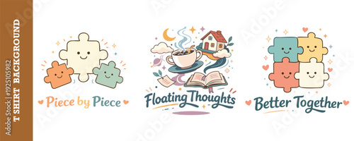 Cute and colorful jigsaw puzzle pieces with smiling faces and uplifting messages for teamwork and positivity design