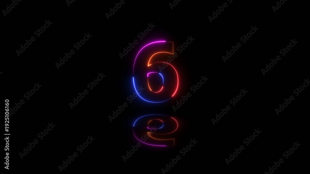 Fototapeta premium 3d rendering of glowing number 6 in the dark. Glass symbol with glowing linear frame, laser line.