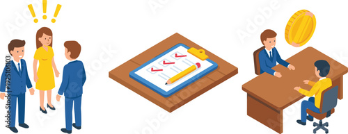 Business planning and financial meeting concept, teamwork discussion with checklist clipboard and investment strategy illustration scene