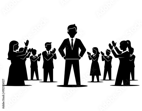 Successful business leader standing with confidence as team of professionals clap hands: Concept of employee recognition, corporate achievement, leadership success, and team support.