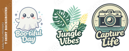 Cute and colorful tshirt design elements featuring ghost camera and tropical leaves motifs perfect for lifestyle themes