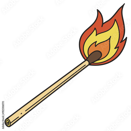 A lit matchstick. It shows a wooden stick with a brown tip, ignited into a vivid flame of red, orange, and yellow, symbolizing fire, ignition, or the start of something.