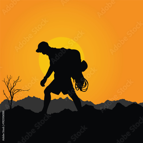 Hiker with backpack climbing steep trail; Sunset Illustration vector based drawing black silhouette Vol 01