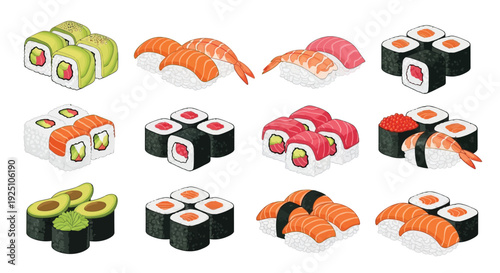 Assortment of colorful sushi rolls nigiri and fresh avocado slices displayed