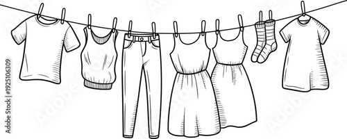 Clothes hanging on laundry line illustration, hand drawn garments drying washing concept domestic household routine