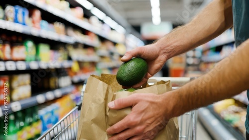 Close-up of hands placing a fresh green avocado into a brown paper bag in a grocery store shopping cart.