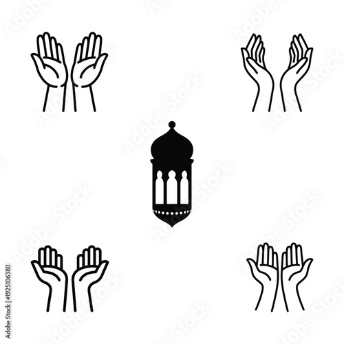 Islamic Prayer Hands and Lantern Icon Set open hands