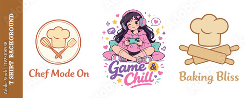 Cute colorful t shirt design collection featuring gaming and cooking themes for hobbyists and lifestyle enthusiasts