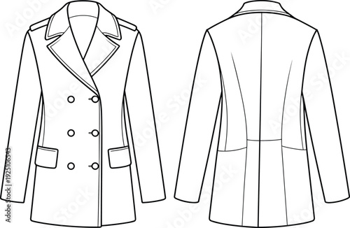 Women Double Breasted Trench Coat Technical Flat Sketch with Front and Back Views Vector Apparel Template