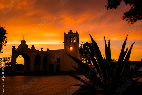 Sunset at historic adobe building