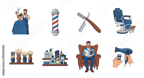 Barber shop elements tools furniture and a customer getting a haircut