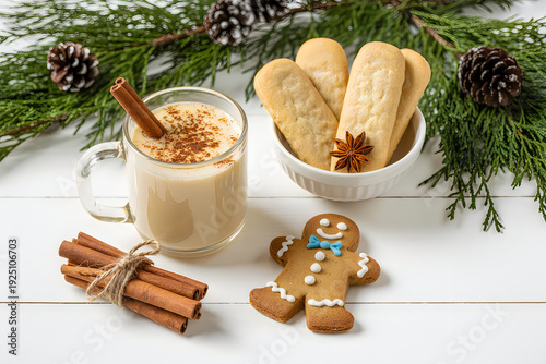 Warm holiday drink with cookies and cinnamon