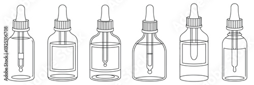a set of cosmetic and skincare dropper bottle outline icons vector illustration.