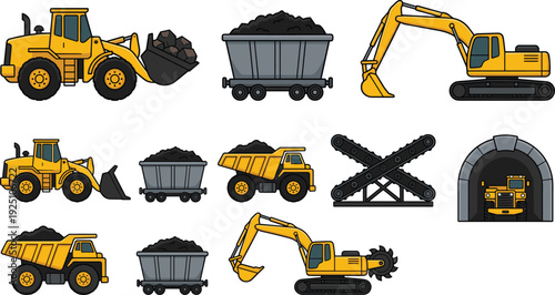 Construction and mining machinery set with excavator dump truck loader and coal cart, heavy equipment illustration collection