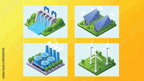 Four stylized isometric illustrations of modern city buildings with green rooftops