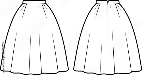 Women High Waist A Line Midi Skirt Technical Flat Sketch with Front and Back Views Vector Template