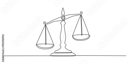 The continuation of a one-line drawing of law weights. The design is minimalist in style, and the scale is made of metal, Scales Continuous Line Art Drawing. Balance Concept One Line Illustration.