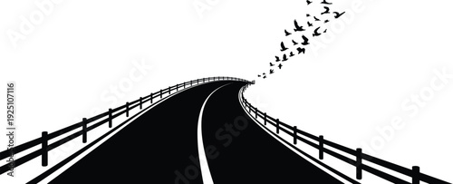 Curved road silhouette illustration, highway perspective with flying birds freedom journey concept black vector designCurved road silhouette illustration, hig