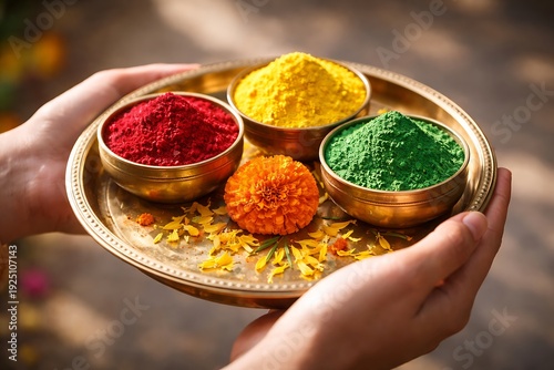 Close Up of Hands Holding Traditional Indian Thali with Colorful Gulal Powders and Marigold Flower for Holi Festival