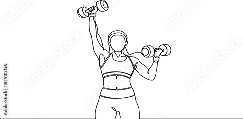 Female Athlete Performing Dumbbell Shoulder Press Exercise Line Art Illustration for Strength Training Fitness Workout Gym Bodybuilding and Healthy Lifestyle Vector Design