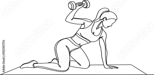 Female Athlete Performing Tricep Kickback Dumbbell Exercise Line Art Illustration for Strength Training Fitness Workout Gym Bodybuilding and Healthy Lifestyle Vector Design