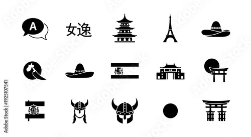Global Culture & Identity Icon Set of 15 Black Silhouettes—Including Speech Bubbles, National Symbols (Eiffel Tower, Pagoda, Torii Gate), Hats, and Mythological Figures—for Multicultural Branding, Tra