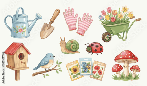 Cute spring elements. Cute watercolor gardening stickers set with watering can, wheelbarrow, bird. Collection of Vector illustrations. Perfect for invitation, card, poster, banner, decoration