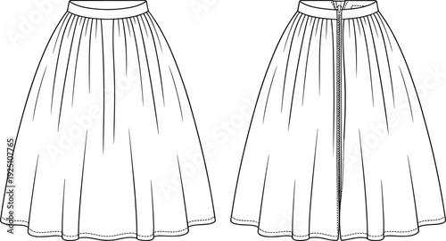 Women High Waist Flared Midi Skirt Technical Flat Sketch with Front and Back Views Vector Apparel Template