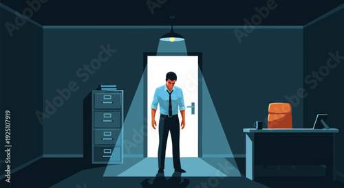 spotlighted man in dim office, mysterious blue shirt figure standing