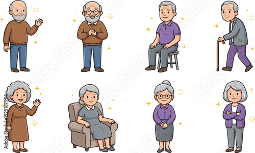 Cute senior elderly cartoon characters, grandfather and grandmother standing sitting smiling and walking with cane illustration collection