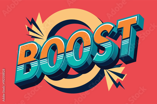 Vibrant boost text with dynamic graphic elements on red background