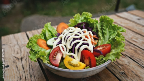 Fresh mixed vegetable salad with creamy mayonnaise in a bowl on a wooden table.