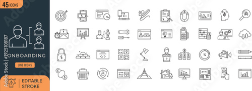 onboarding icon line set.  icons related to Employee, Human Resources, training, learn, orient, team, process, and more. Editable stroke. Vector Illustration
