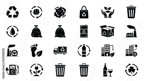Comprehensive collection of icons representing various recycling and waste management symbols