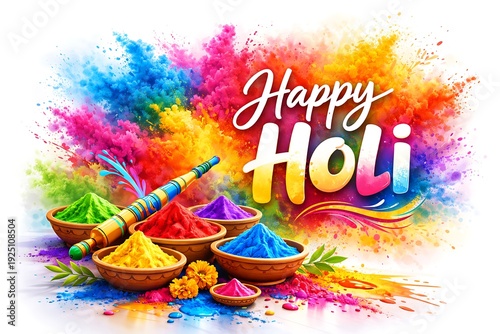 Creative Holi Festival Greeting Card Design with Vibrant Powder Clouds, Cultural Indian Festival Objects, Decorative Gulal Containers and Bold Happy Holi Typography for Seasonal Promotion