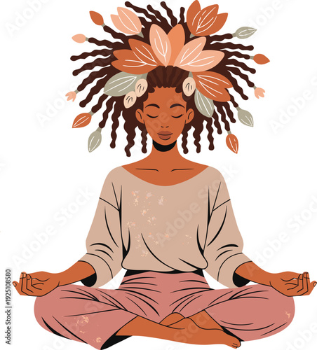 Serene woman sitting cross-legged in lotus pose, eyes closed, peaceful expression, yoga excercise