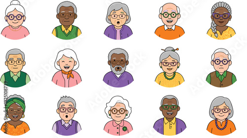 Diverse senior men and women avatar set, elderly people cartoon portraits collection, multicultural old age characters illustration