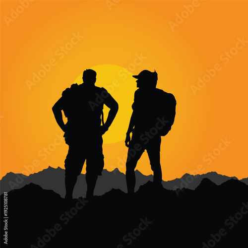 Hiker with backpack climbing steep trail; Sunset Illustration vector based drawing black silhouette Vol 02
