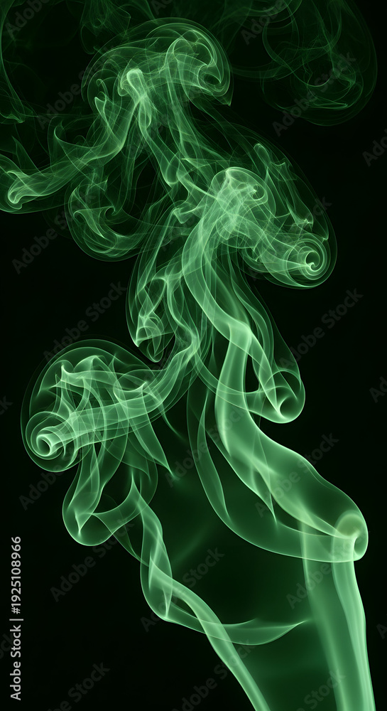 Fototapeta premium Abstract swirling green smoke wisps gracefully dancing against a stark black background creating an ethereal and mysterious atmosphere