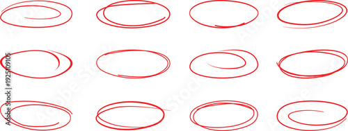 Hand-Drawn Red Oval Highlight Frames Set – Doodle Marker Ellipse Circles and Scribble Outline Shapes Collection