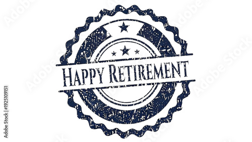 Dark blue vintage stamp with happy retirement text and stars