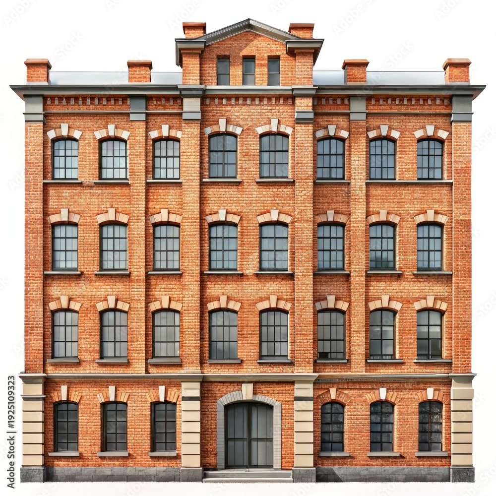 Fototapeta premium Clean architectural elevation of a four story red brick tenement building