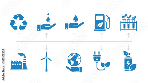 Sustainable energy and recycling icons depicting eco-friendly practices and technologies