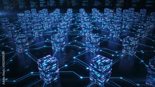 Futuristic data center with glowing towers, connected by circuits