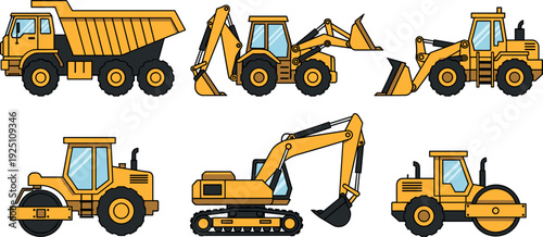 Heavy Construction Vehicles Set Including Excavator Bulldozer Loader Dump Truck and Road Roller Vector Illustration Collection