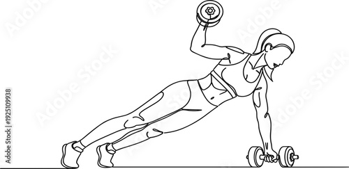 Female Athlete Performing Renegade Row Dumbbell Exercise Line Art Illustration for Strength Training Fitness Workout Gym Bodybuilding and Core Stability Vector Design
