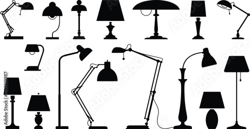 Lamp silhouette collection with table desk and floor lighting, modern vintage interior illumination illustration setLamp silhouette collection with table 