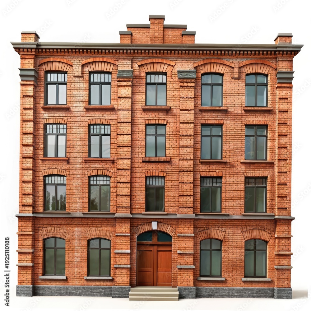 Fototapeta premium Clean architectural elevation of a four story red brick tenement building